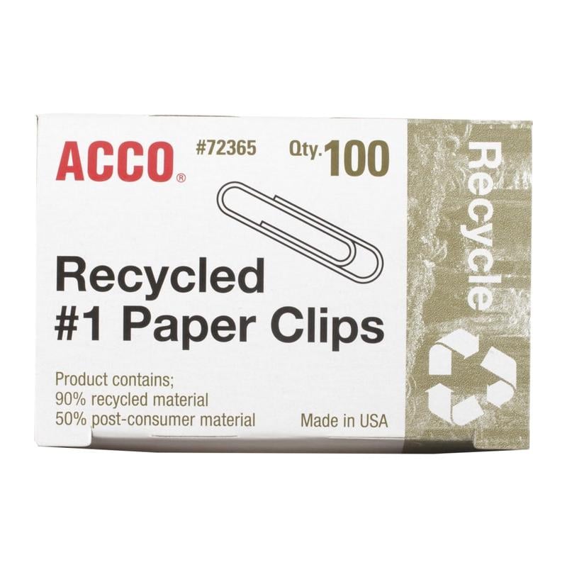 ACCO Paper Clips, Box Of 100, No. 1, 90% Recycled, Silver (Min Order Qty 22) MPN:A7072365