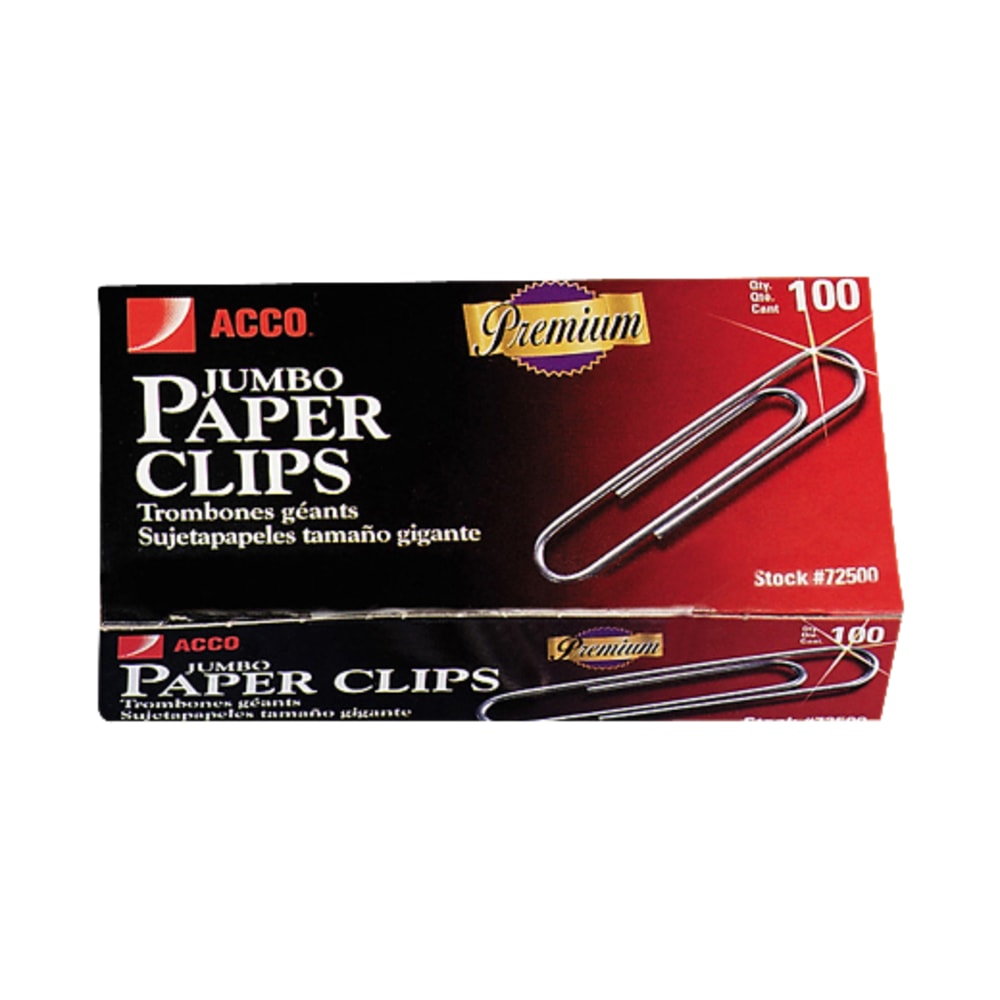 ACCO Paper Clips, 1000 Total, Jumbo, Silver, 100 Per Box, Pack Of 10 Boxes (Min Order Qty 2) MPN:A7072510