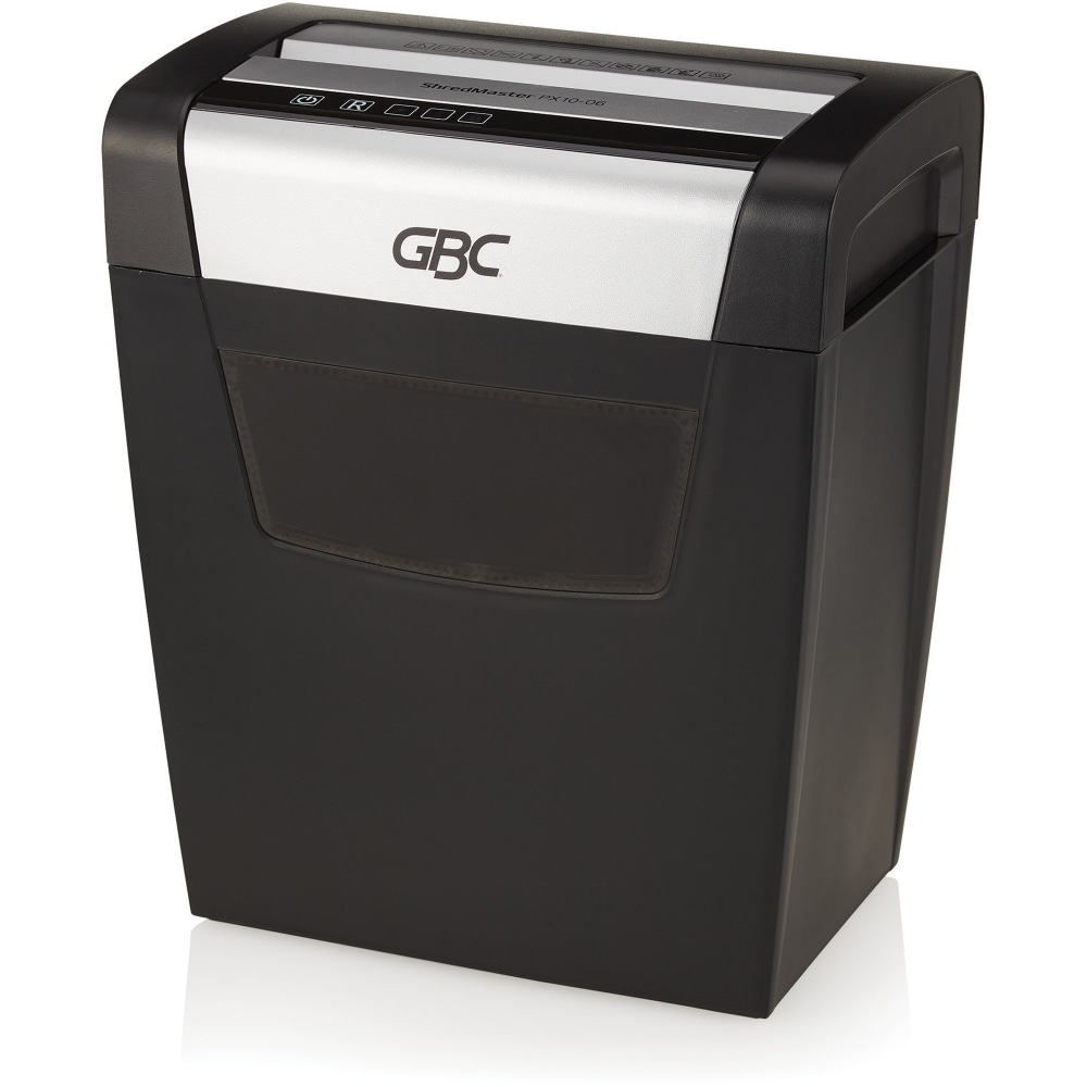 GBC ShredMaster PX10-06 Super Cross-Cut Paper Shredder - Non-continuous Shredder - Super Cross Cut - 10 Per Pass - for shredding Staples, Paper Clip - P-4 - 5.90 ft/min - 9in Throat - 6 Minute Run Time - 6 gal Wastebin Capacity - Black, Chrome MPN:1757405