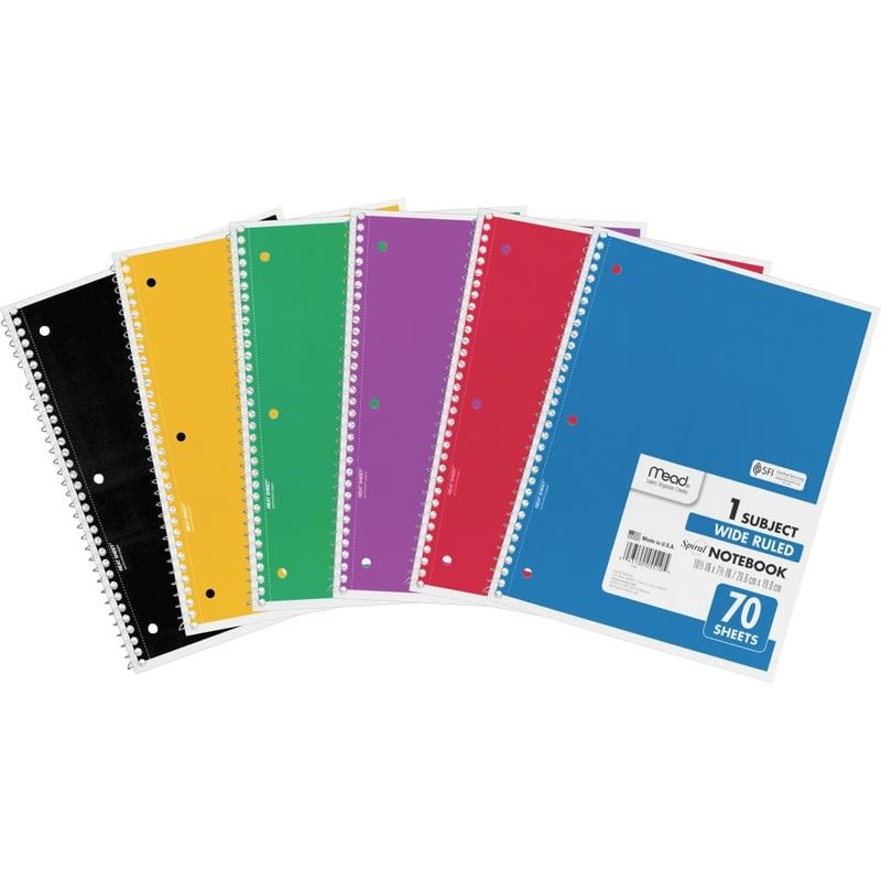 Mead Spiral Notebooks, 8-1/2in x 10-1/2in, 1 Subject, Wide Ruled, 70 Sheets, Assorted Colors, Pack Of 6 Notebooks (Min Order Qty 6) MPN:05510BD