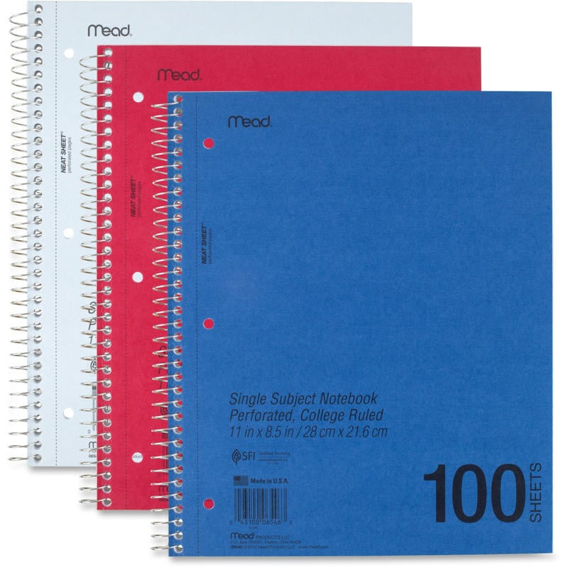 Mead Mid-Tier Notebook, 8-1/2in x 11in, 1 Subject, College Rule, 100 Sheets, Assorted (Min Order Qty 15) MPN:06546