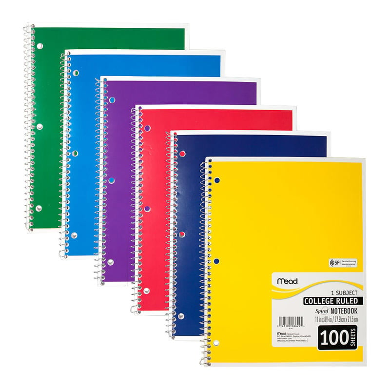 Mead Spiral Notebook, 8in x 11in, 1 Subject, College Ruled, 200 Pages (100 Sheets), Assorted Colors (Min Order Qty 9) MPN:06622