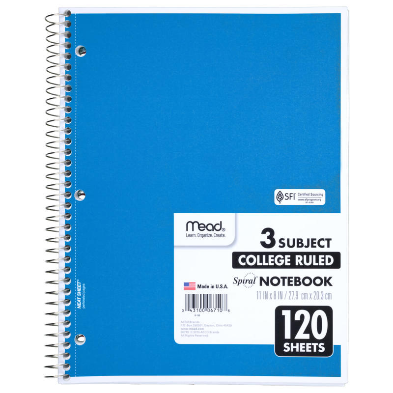 Mead Wirebound Notebook, 8 1/2in x 11in, 3 Subject, College Ruled, 120 Sheets, Assorted Colors (Min Order Qty 7) MPN:06710