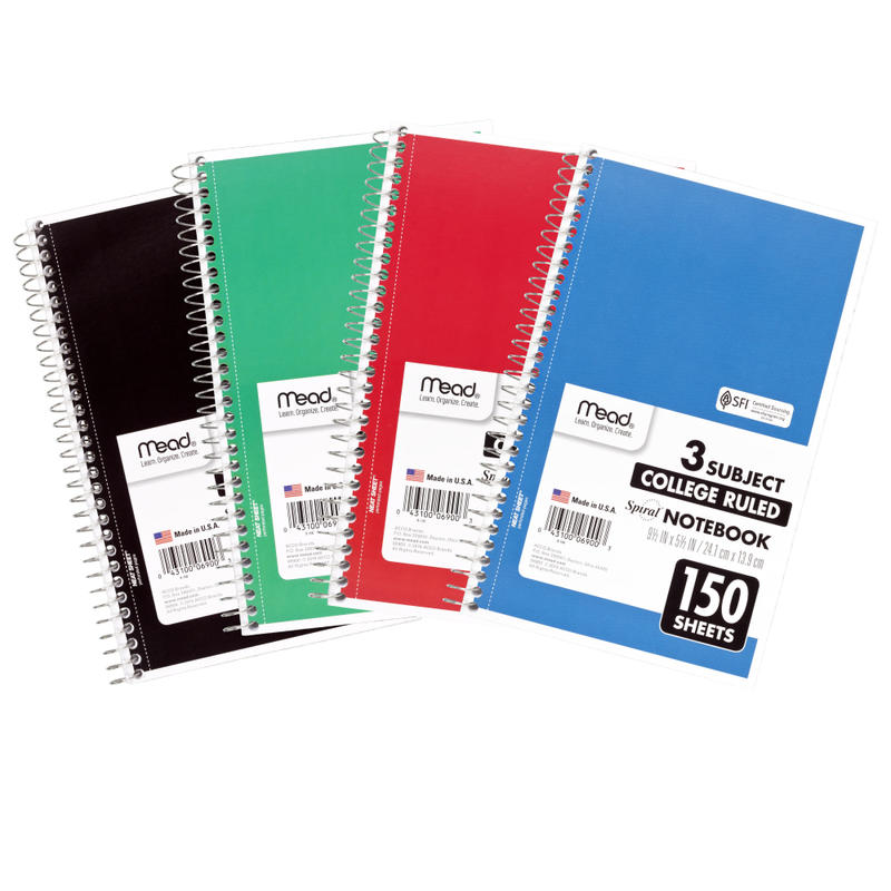 Mead Wirebound Notebook, 6in x 9 1/2in, 3 Subject, College Ruled, 300 Pages (150 Sheets), Assorted Colors (Min Order Qty 12) MPN:MEA06900