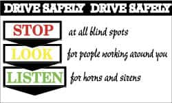 Drive Safely - Stop at All Blind Spots, Look for People Working Around You, Listen for Horns and Sirens, 60 Inch Long x 36 Inch High, Safety Banner MPN:BT522