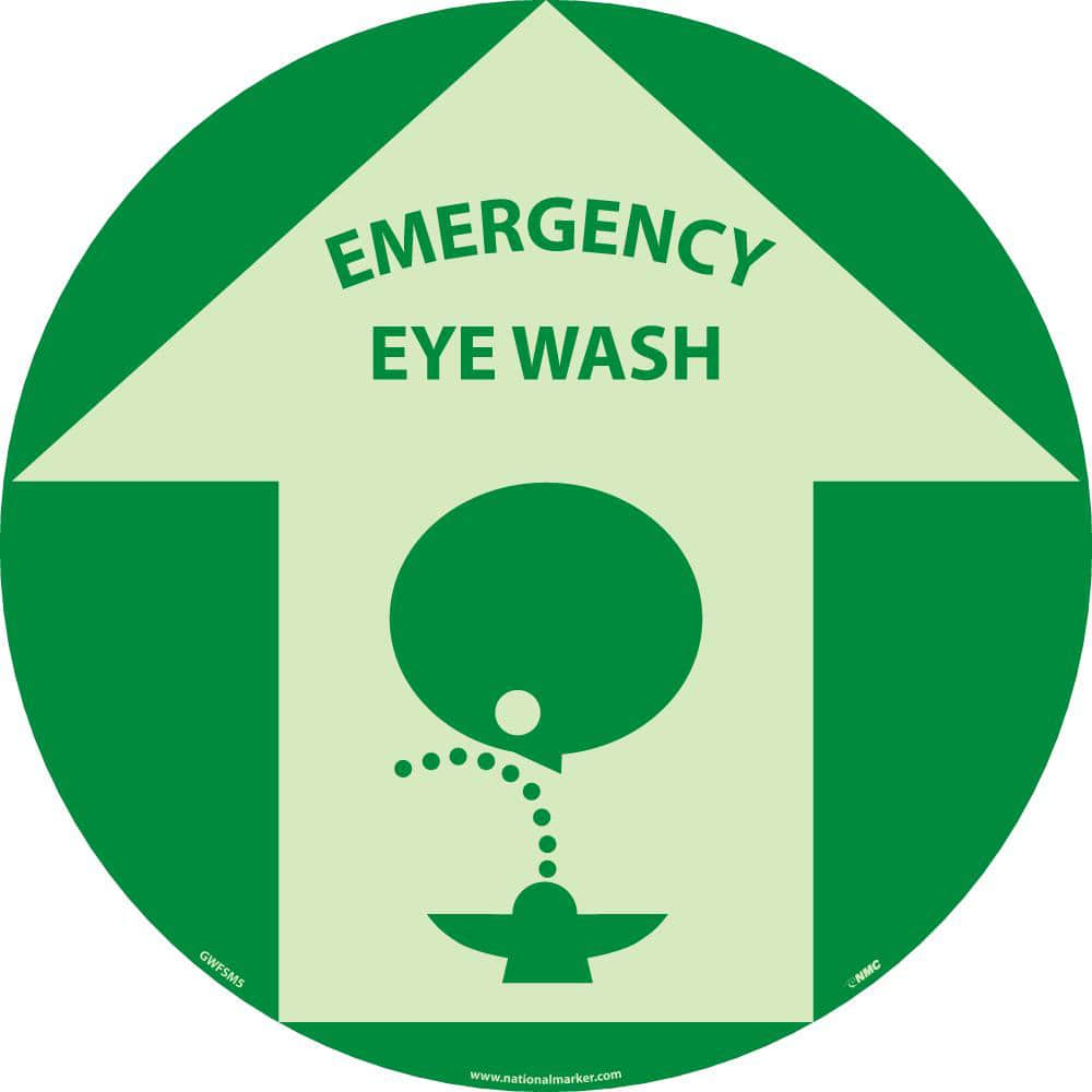 Restroom, Janitorial & Housekeeping Adhesive Backed Floor Sign: Round, ''Emergency Eyewash'' MPN:GWFSM5