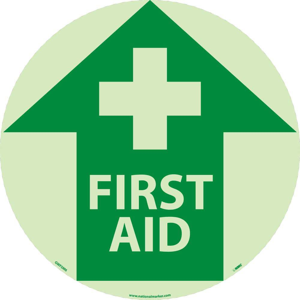 First Aid Adhesive Backed Floor Sign: Round, ''First Aid'' MPN:GWFSM6