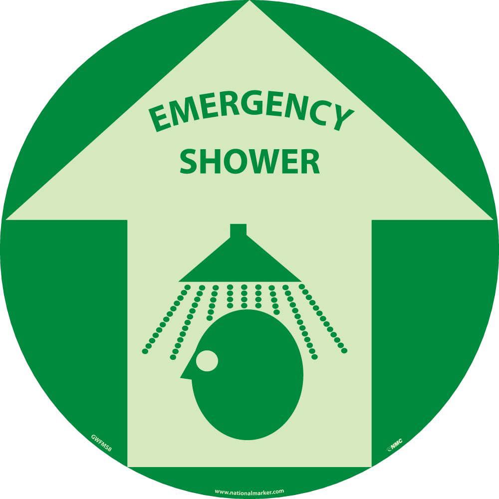 First Aid Adhesive Backed Floor Sign: Round, ''Emergency Shower'' MPN:GWFSM8