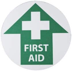 First Aid Adhesive Backed Floor Sign: Round, Vinyl, ''First Aid'' MPN:WFS6