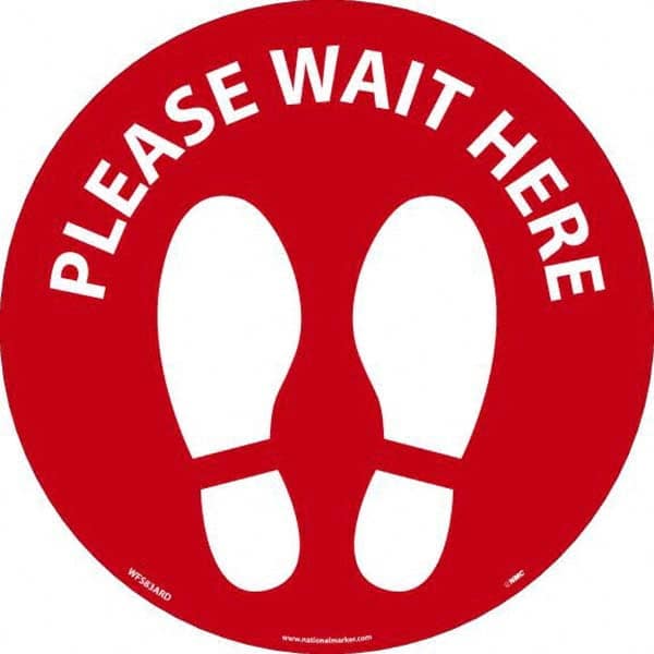 Entrance & Directional & Exit Adhesive Backed Floor Sign: Round, Vinyl, ''PLEASE WAIT HERE'' MPN:WFS83ARD