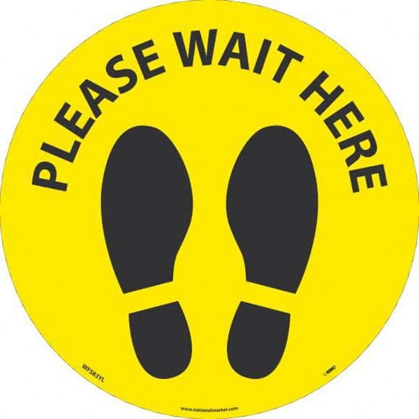 Entrance & Directional & Exit Adhesive Backed Floor Sign: Round, Vinyl, ''PLEASE WAIT HERE'' MPN:WFS83YL10