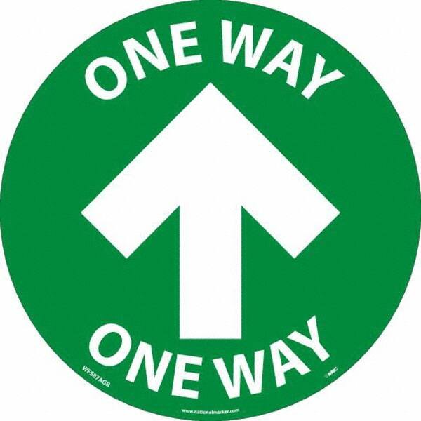 Security & Admittance Adhesive Backed Floor Sign: Round, Vinyl, ''One Way'' MPN:WFS87AGR10