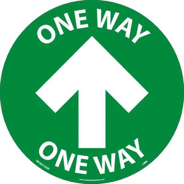 Security & Admittance Adhesive Backed Floor Sign: Round, Vinyl, ''One Way'' MPN:WFS87TXGR
