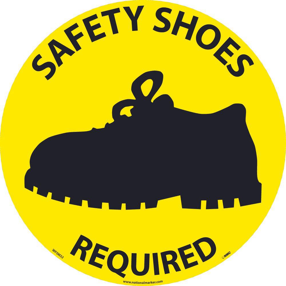 Accident Prevention Adhesive Backed Floor Sign: Round, ''Safety Shoes Required'' MPN:WFSM32