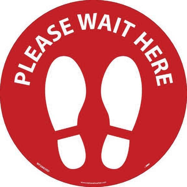 COVID-19 Adhesive Backed Floor Sign: Round, Vinyl, ''PLEASE WAIT HERE'' MPN:WFSM83RD