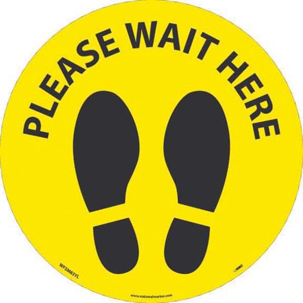 COVID-19 Adhesive Backed Floor Sign: Circle & Oval, Vinyl, ''Please Wait Here'' MPN:WFSM83YL
