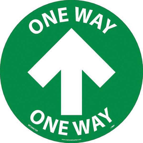 COVID-19 Adhesive Backed Floor Sign: Circle & Oval, Vinyl, ''One Way'' MPN:WFSM87GR