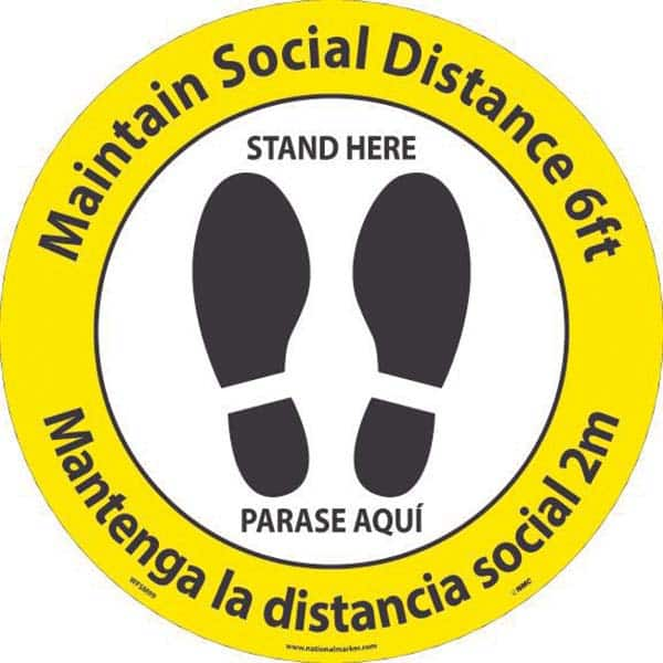 COVID-19 Adhesive Backed Floor Sign: Circle & Oval, Vinyl, ''Maintain Social Distance 6Ft Stand Here, Mantenga La Distancia Social 2M Parase Aqui'' MPN:WFSM9910