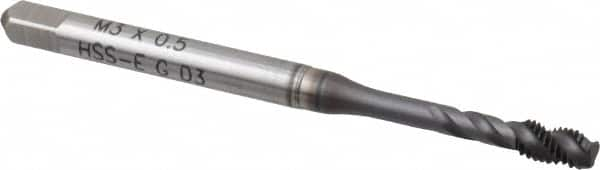 Spiral Flute Tap: M3 x 0.50, Metric Coarse, 3 Flute, Modified Bottoming, 6H Class of Fit, Powdered Metal, TICN Finish MPN:43013-01C