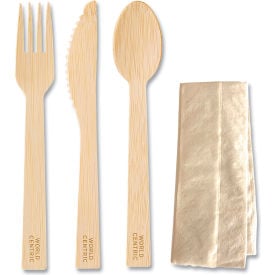 World Centric® Mediumweight Cutlery Kit Knife/Fork/Spoon/Napkin Bamboo Natural 250/Carton AS-BB-TN