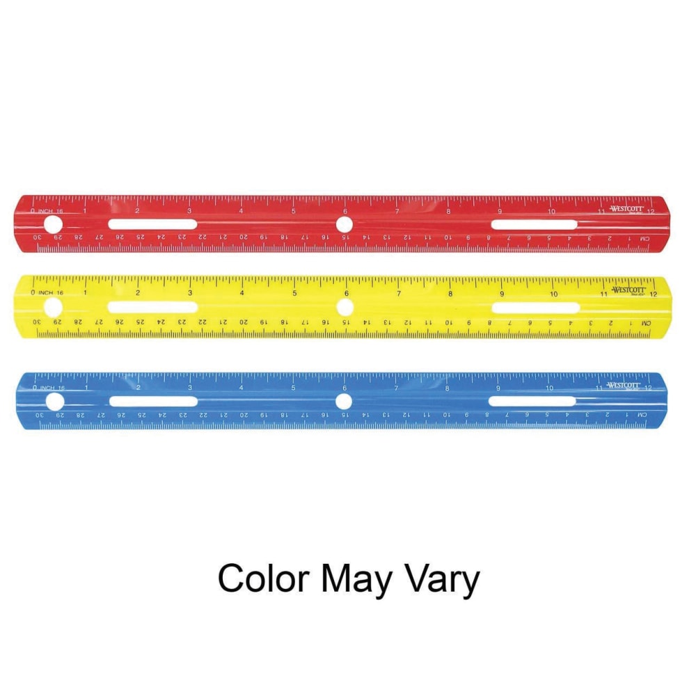 Westcott 12in Plastic Ruler - 12in Length - 1/16 Graduations - Imperial, Metric Measuring System - Plastic - 1 Each - Assorted (Min Order Qty 65) MPN:10526