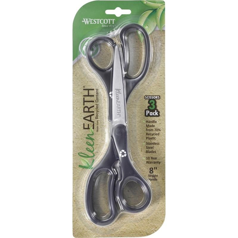 Westcott KleenEarth 8in Basic Recycled Straight Scissors - 8in Overall Length - Straight - Stainless Steel - Black - 3 / Pack (Min Order Qty 4) MPN:15585