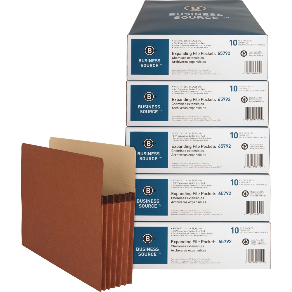 Business Source File Pocket, Letter Size, 8 1/2in x 11in, 1200 Sheet Capacity, 5 1/4in Expansion, Redrope Brown, Carton Of 50 MPN:65792CT