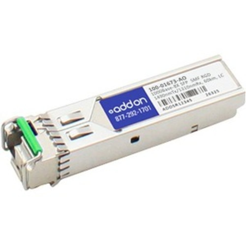 AddOn - SFP (mini-GBIC) transceiver module (equivalent to: Calix 100-01673) - GigE - 1000Base-BX - LC single-mode - up to 37.3 miles - 1490 (TX) / 1310 (RX) nm MPN:100-01673-AO