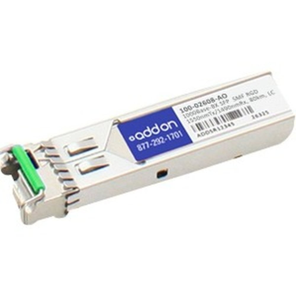 AddOn - SFP (mini-GBIC) transceiver module (equivalent to: Calix 100-02608) - GigE - 1000Base-BX - LC single-mode - up to 49.7 miles - 1550 (TX) / 1490 (RX) nm MPN:100-02608-AO