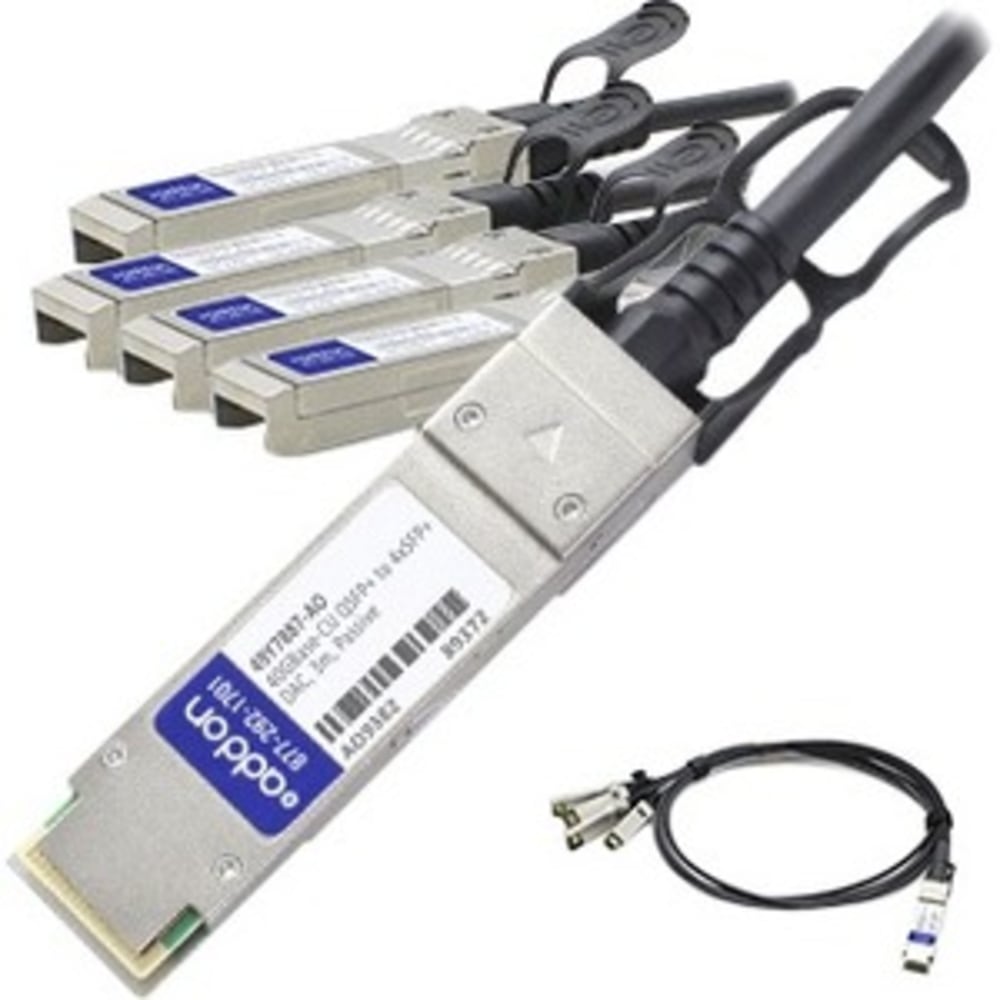 AddOn 3m IBM Compatible QSFP+ Breakout DAC - Direct attach cable - SFP+ to QSFP+ - 10 ft - twinaxial - passive - for BNT RackSwitch G8264F, RackSwitch G8264R; Lenovo ThinkSystem NE2580O RackSwitch MPN:49Y7887-AO