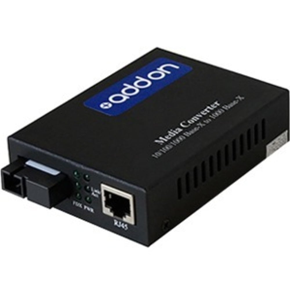 AddOn 1Gbs 1 RJ-45 to 1 SC Media Converter - Fiber media converter - GigE - 10Base-T, 1000Base-TX, 100Base-TX, 1000Base-BX-D - RJ-45 / SC single-mode - up to 24.9 miles - 1550 (TX) / 1490 (RX) nm MPN:ADD-GMC-BX-4DSC