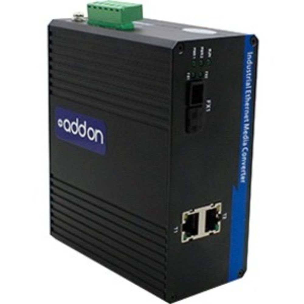 AddOn 100Mbs 2 RJ-45 to 1 SC Industrial Media Converter - Fiber media converter - 100Mb LAN - 10Base-T, 100Base-TX, 100Base-LX - RJ-45 / SC single-mode - up to 12.4 miles - 1310 nm MPN:ADD-IFMC-LX-1SC2