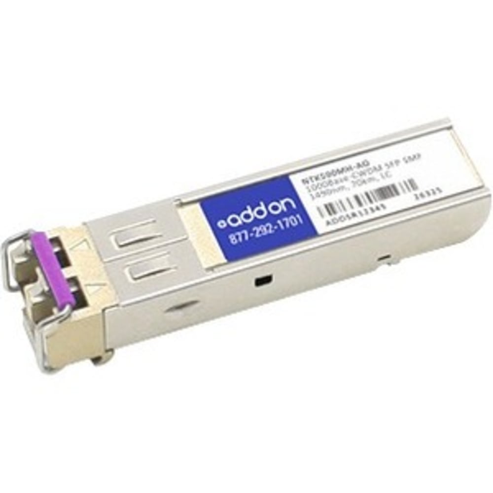 AddOn - SFP (mini-GBIC) transceiver module (equivalent to: Ciena NTK590MH) - GigE - 1000Base-CWDM - LC single-mode - up to 43.5 miles - 1490 nm - TAA Compliant - for Nortel Optical Multiservice Edge 6110, 6130, 6150, 6500 MPN:NTK590MH-AO