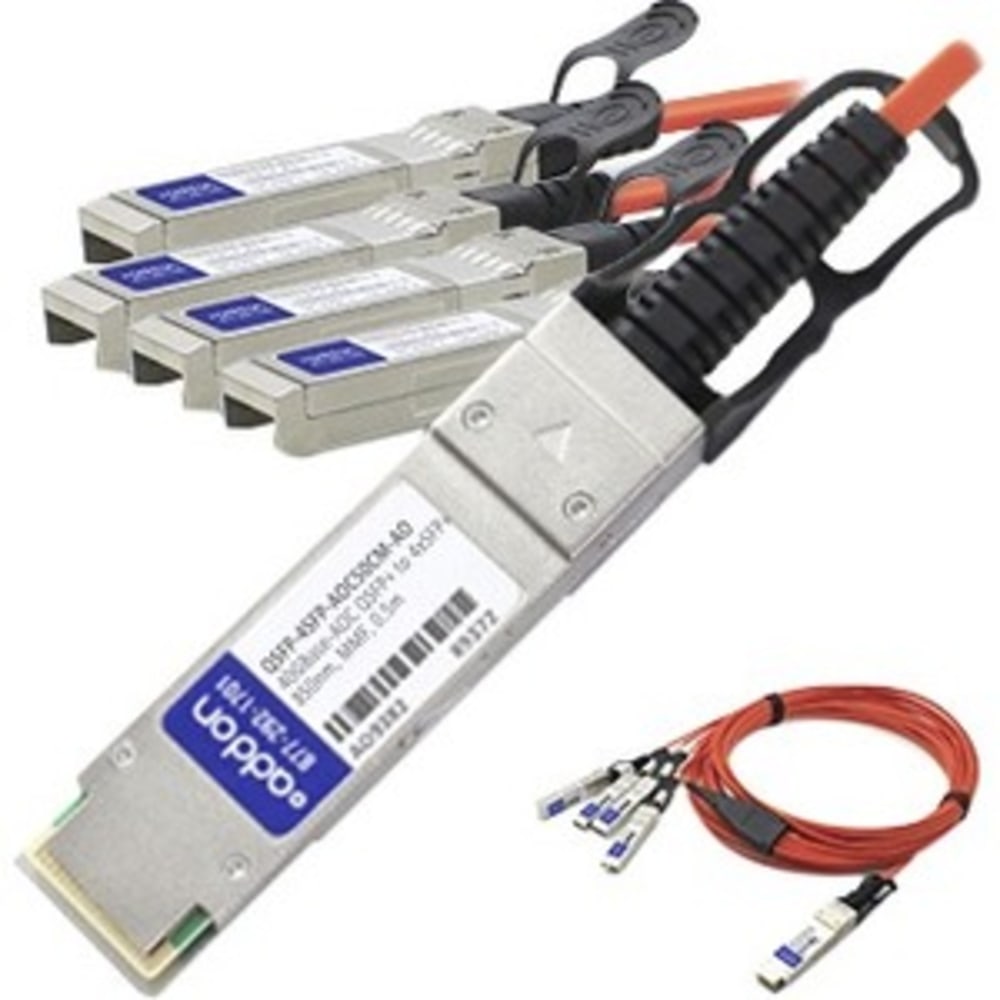 AddOn 0.5m Industry Standard QSFP+ Breakout AOC - 40GBase direct attach cable - SFP+ (M) to QSFP+ (M) - 0.5 m - fiber optic - active MPN:QSFP-4SFP-AOC50CM-AO