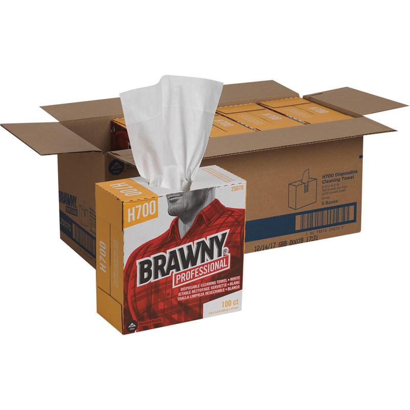 Brawny Professional H700 Disposable Cleaning Towels by GP Pro in Tall Box - 9.10in x 16.50in - White - 100 Quantity Per Box - 500 / Carton MPN:25070CT