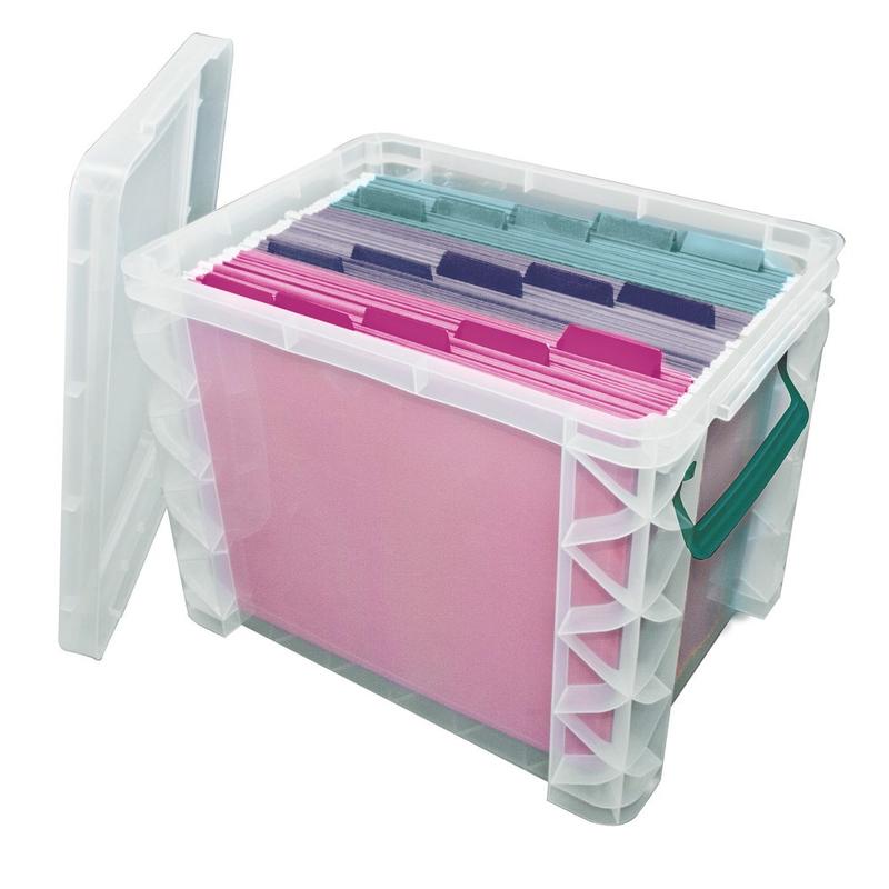 Super Stacker Plastic Storage Container With Built-In Handles And Snap Lid, 19 Liters, Clear/Sea Breeze (Min Order Qty 5) MPN:62024