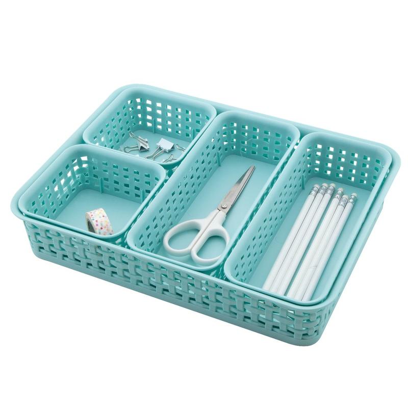 Realspace Plastic Weave Bin Set, Assorted Sizes, Blue, Pack Of 5 (Min Order Qty 7) MPN:37504