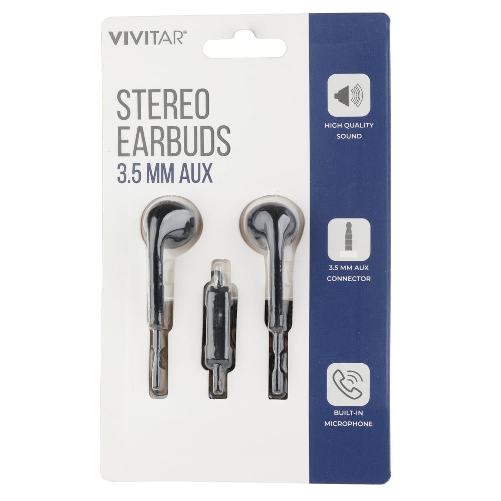 Vivitar Wired Stereo Earbuds, Black, NIL8001 (Min Order Qty 22) MPN:NIL8001-BLK-STK-24