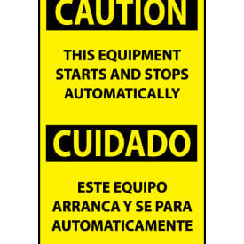 Bilingual Machine Labels - Caution This Equipment Starts And Stops Automatically ESC618AP