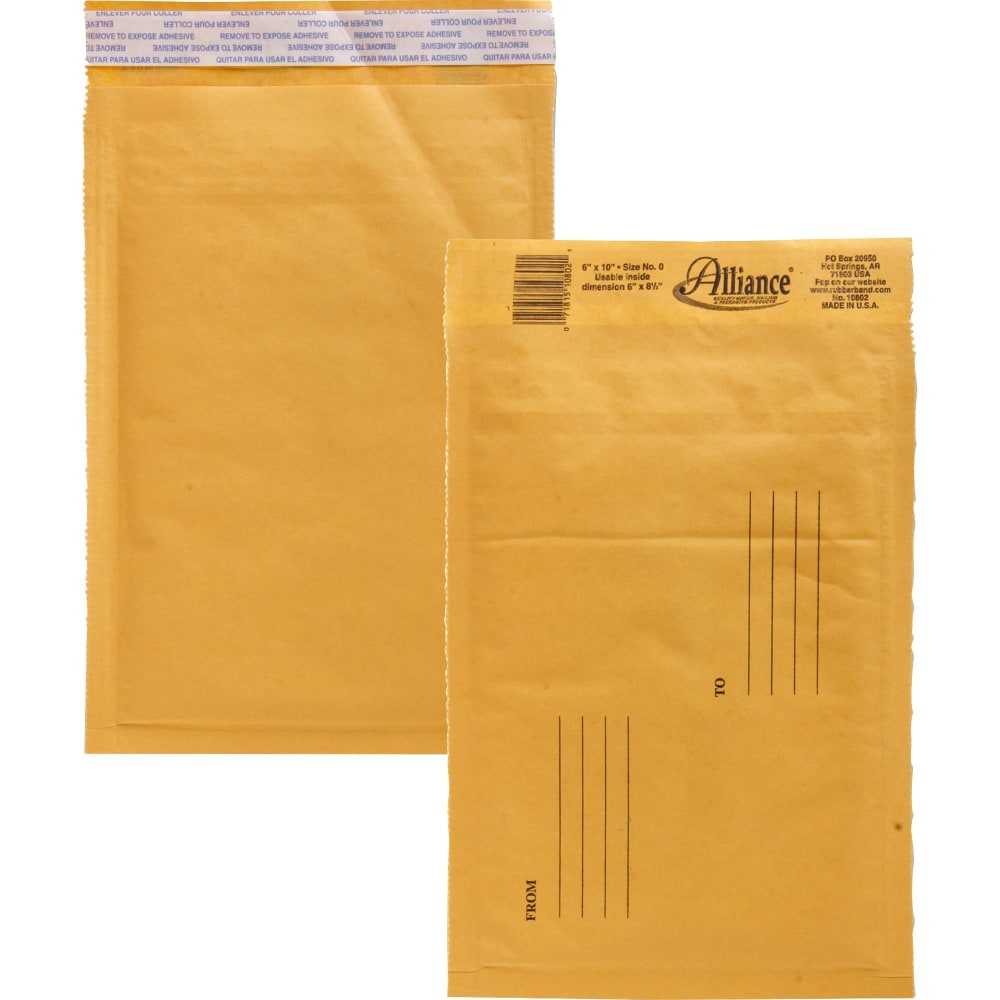 Alliance Rubber Kraft Bubble Mailers - Bubble - #0 - 6in Width x 10in Length - Peel & Seal - Paper - 25 / Carton - Kraft (Min Order Qty 5) MPN:10802