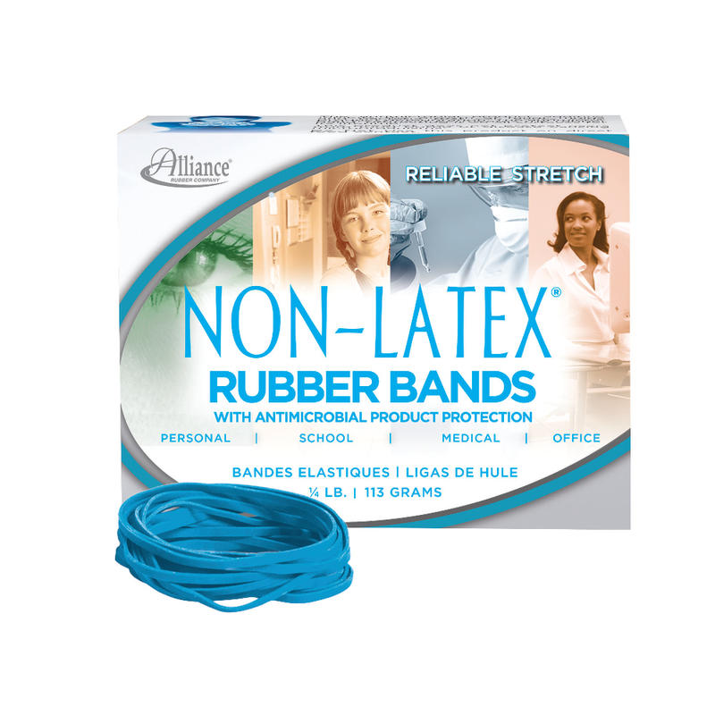 Alliance Rubber Non-Latex Rubber Bands with Antimicrobial Protection, Size #33 (3-1/2in x 1/8in), Cyan, Approx. 180 Bands per 1/4 lb. Box (Min Order Qty 27) MPN:42339