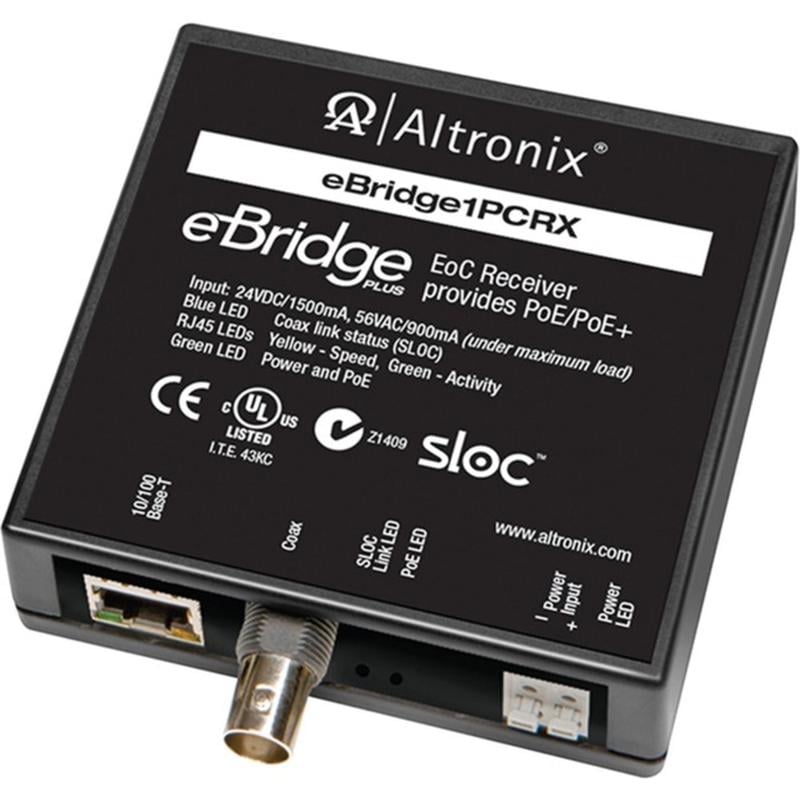 Altronix eBridge1PCRX - IP over Coax Receiver - Network (RJ-45) - 1x PoE+ (RJ-45) Ports - 10/100Base-TX - 328.08 ft - Desktop MPN:EBRIDGE1PCRX