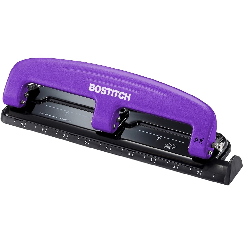 Bostitch EZ Squeeze Three-Hole Punch, 12 Sheet Capacity, Purple (Min Order Qty 4) MPN:2105