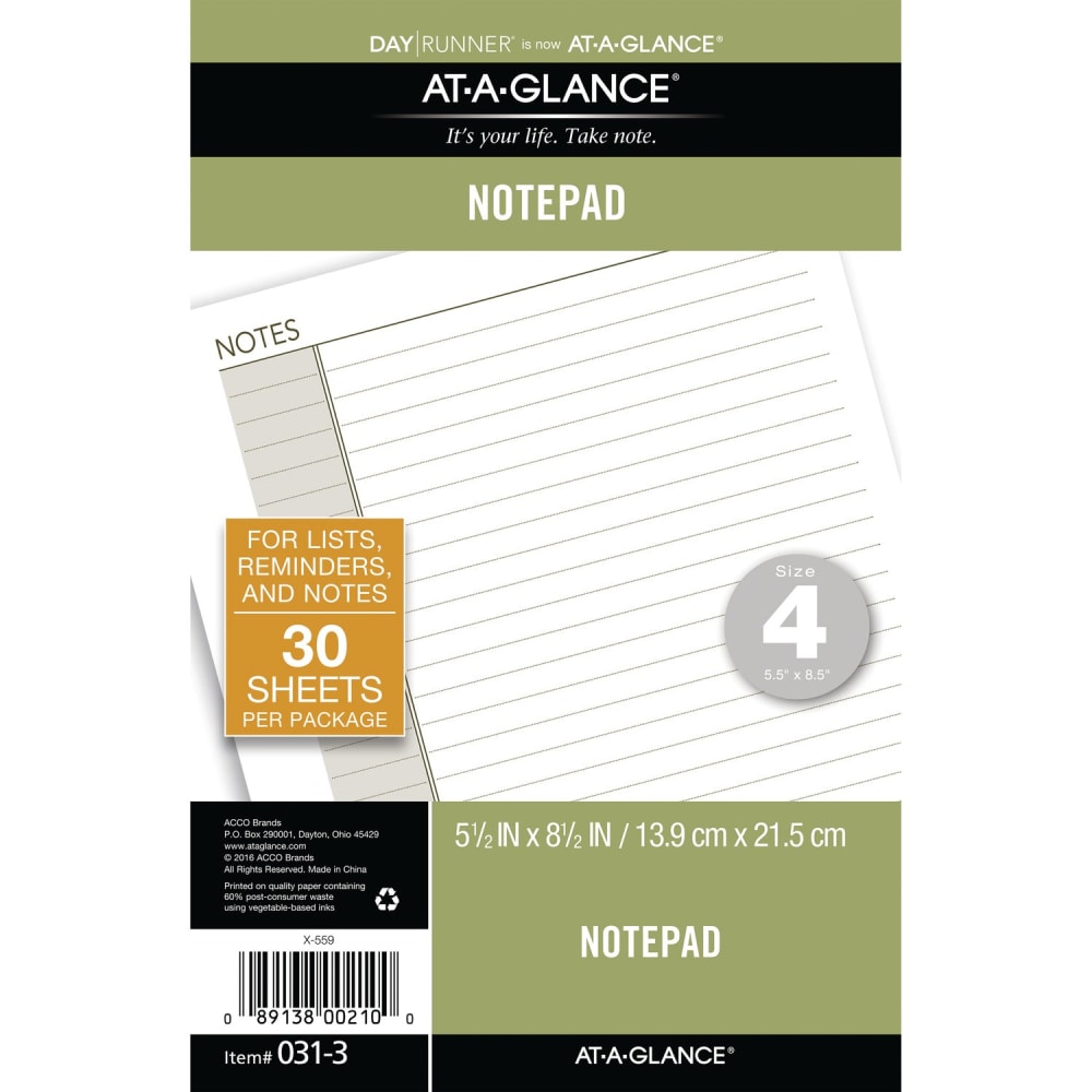 AT-A-GLANCE Day Runner Notepad, Topbound, 5-1/2in x 8-1/2in, Undated (Min Order Qty 15) MPN:031-3