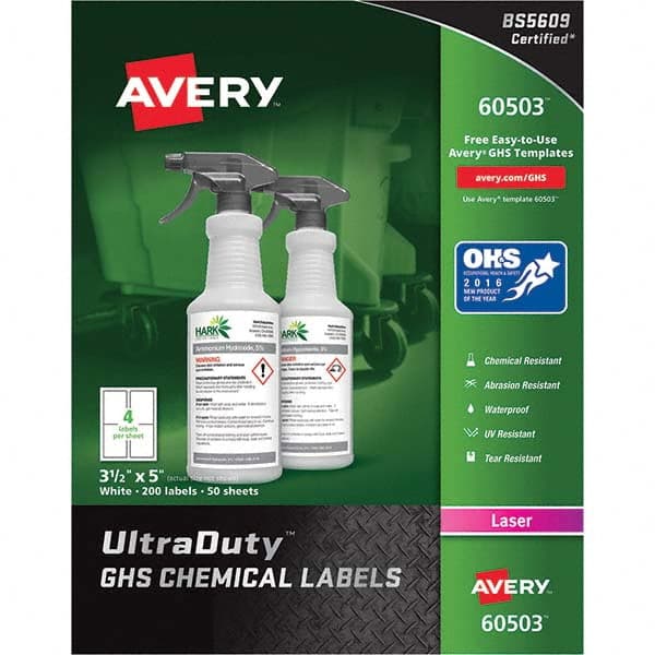 UltraDuty GHS Chemical Waterproof and UC Resistant Labels: White, Synthetic Film, 5