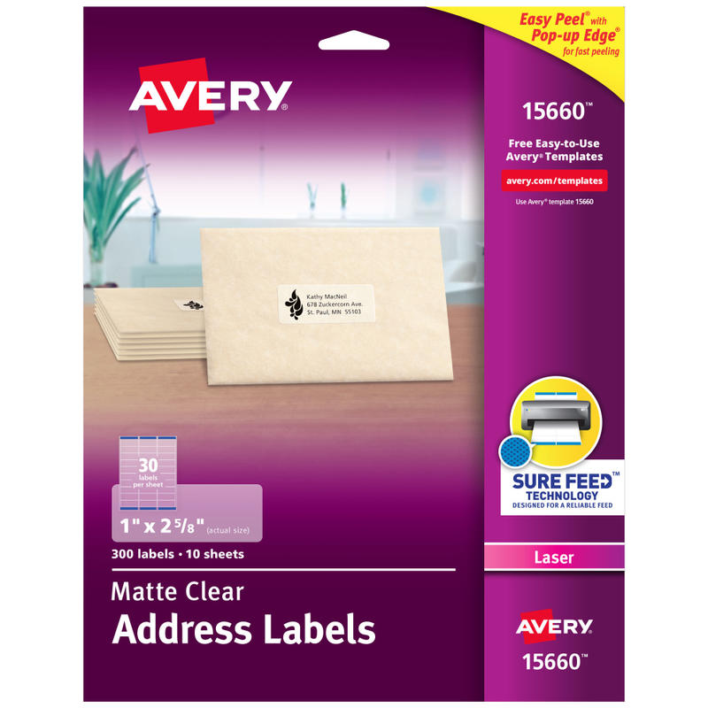 Avery Matte Address Labels With Sure Feed Technology, 15660, Rectangle, 1in x 2-5/8in, Clear, Pack Of 300 (Min Order Qty 6) MPN:15660