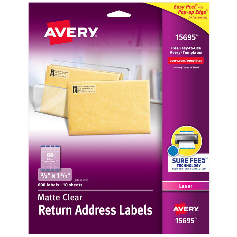 Avery Matte Return Address Labels With Sure Feed Technology, 15695, Rectangle, 2/3in x 1-3/4in, Clear, Pack Of 600 Labels (Min Order Qty 5) MPN:15695