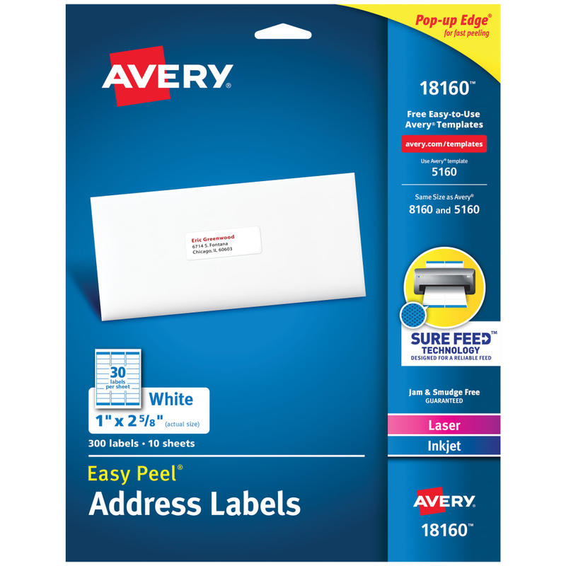 Avery Easy Peel Permanent Inkjet/Laser Address Labels, 18160, 1in x 2 5/8in, White, Pack Of 300 (Min Order Qty 11) MPN:18160