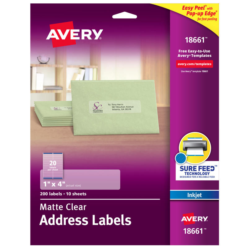 Avery Matte Address Labels With Sure Feed Technology, 18661, Rectangle, 1in x 4in, Clear, Pack Of 200 Labels (Min Order Qty 4) MPN:18661