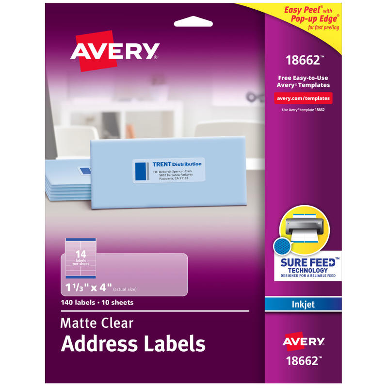 Avery Matte Address Labels With Sure Feed Technology, 18662, Rectangle, 1-1/3in x 4in, Clear, Pack Of 140 (Min Order Qty 5) MPN:18662